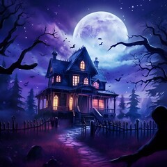 Fototapeta na wymiar halloween night landscape, haunted house on a hill.