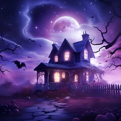 halloween night landscape,
haunted house on a hill.