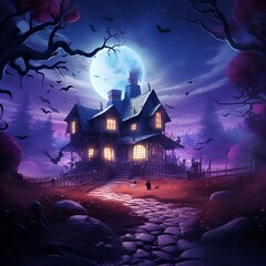 halloween night landscape,
haunted house on a hill.