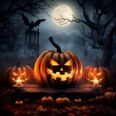 Jack-O'-Lantern, Halloween Pumpkin in a spooky garden background.