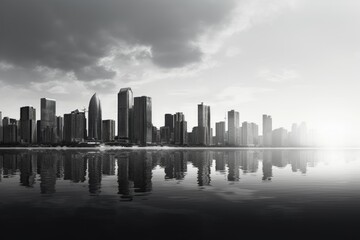 Fototapeta premium Landscape of a modern city with high-rise buildings along the coast, black and white photo