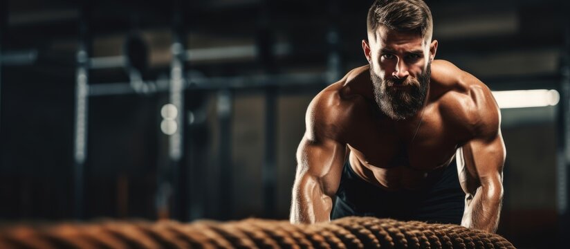 Gym athlete using battle rope for functional training