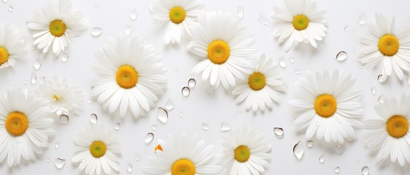 White banner with daisies and water drops