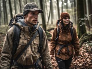 Fototapeta premium Man and woman hiking in the woods.