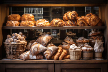 Freshly baked pastry and bread on wooden shelf in a rustic bakery store.