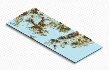 3d model map of South Korea. Terrain map, Isometric map virtual terrain 3d for infographic. Geography and topography planet earth flattened satellite view