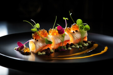 Beautifully presented Michelin star restaurant dish on a plate, black background. Refined and elegant cuisine, fine dinning