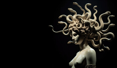 Medusa's Winged Throne Art. stone statue. Sake, serpent, crown head. Greek mythology. Medusa goddess. 