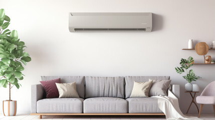 Air conditioner on white wall in modern room with stylish grey sofa