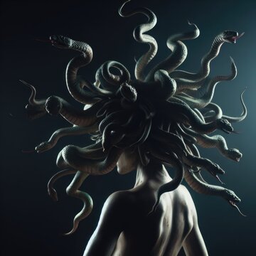 Medusa's Unique Mythical Aura. stone statue. Sake, serpent, crown head. Greek mythology. Medusa goddess. 