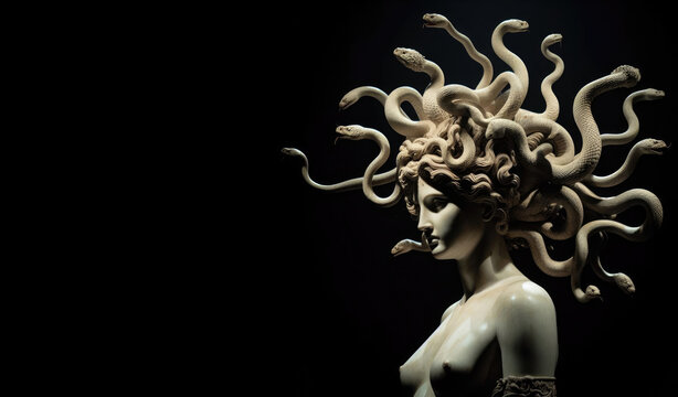 Medusa's Winged Throne Art. stone statue. Sake, serpent, crown head. Greek mythology. Medusa goddess. 