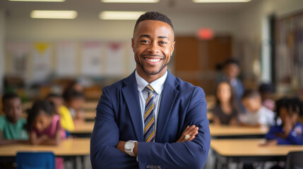 Portrait of happy male teacher in classroom in front of pupils - obrazy, fototapety, plakaty