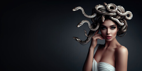 Medusa's Curse and Petrification. Pretty intense gaze of Greek Mythology goddess queen Medusa and her snake head. - obrazy, fototapety, plakaty
