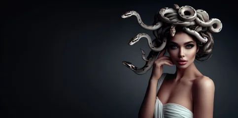 Fotobehang Medusa's Curse and Petrification. Pretty intense gaze of Greek Mythology goddess queen Medusa and her snake head. © ana