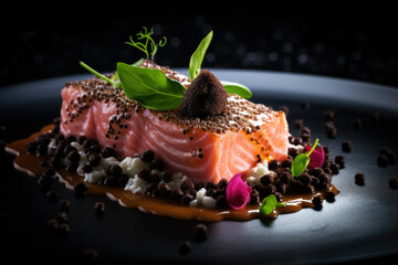 Beautifully presented Michelin star restaurant dish on a plate, black background. Refined and...