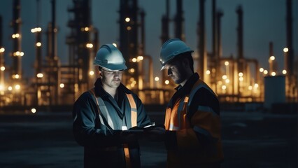 engineers in uniform walk and holding tablet checking in oil refinery field in morning