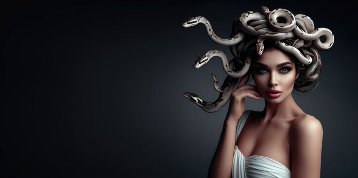 Medusa's Curse and Petrification. Pretty intense gaze of Greek Mythology goddess queen Medusa and her snake head.
