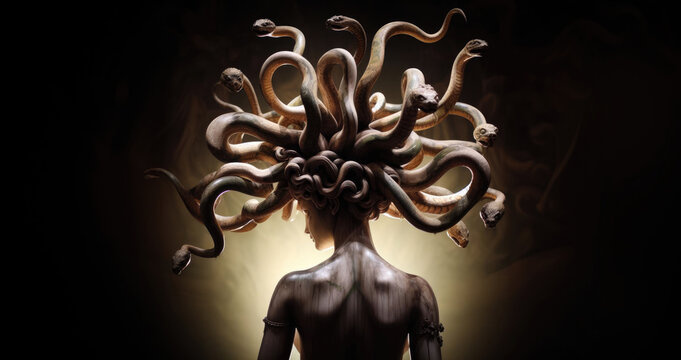 Medusa's Enchanted Reflections. stone statue. Sake, serpent, crown head. Greek mythology. Medusa goddess. 