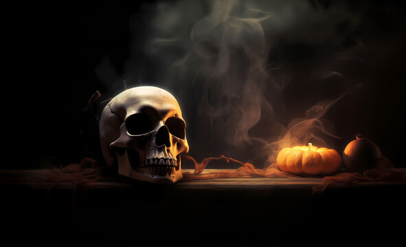 Halloween skull on table with candles