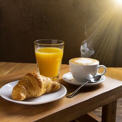 Desayuno continental con café, croissant y zumo de naranja