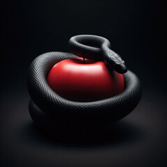 forbidden fruit. Apple and serpent, snake coiled around a red apple. Adam and eve. Theology, mythology, philosophy. 
Expulsion, The Fall, Regret, Redemption, Human nature, Christian doctrine - obrazy, fototapety, plakaty