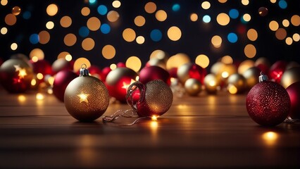 Festive christmas background. Empty Wood table top wit christmas baubles, balls and hanging decoration