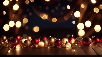 Festive christmas background. Empty Wood table top wit christmas baubles, balls and hanging decoration