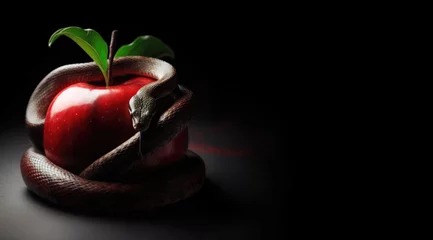 Fotobehang forbidden fruit. Apple and serpent, snake coiled around a red apple. Adam and eve. Theology, mythology, philosophy.  Redemption story, Serpent's deception, First sin, Fruit of knowledge, Biblical © ana