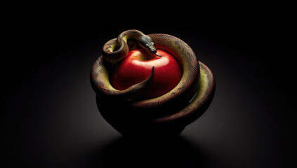 forbidden fruit. Apple and serpent, snake coiled around a red apple. Adam and eve. Theology, mythology, philosophy. 
Temptation, Original Sin, Fall of Man, Tree of Knowledge, Disobedience, Free will.