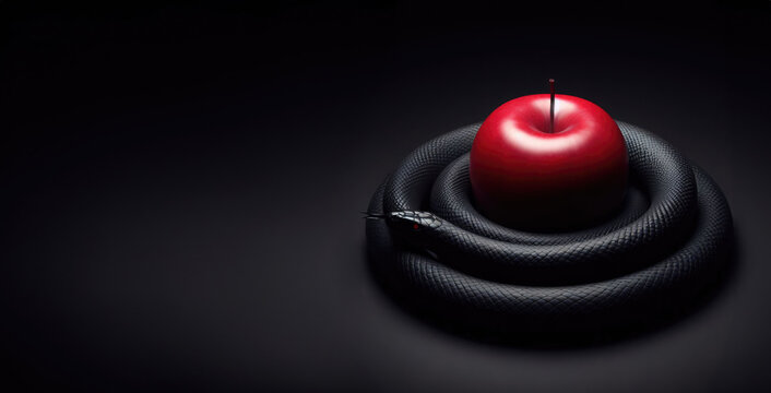 forbidden fruit. Apple and serpent, snake coiled around a red apple. Adam and eve. Theology, mythology, philosophy. 
Paradise, Creation, Eve's temptation, Biblical story, Genesis, Sinful act