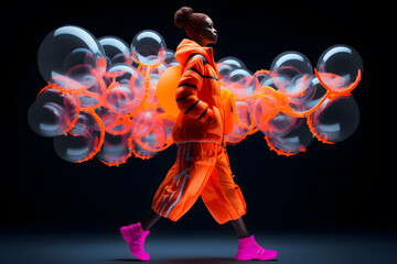 African woman in neon costume with colorful balloons, in the style of futuristic pop, luminous...