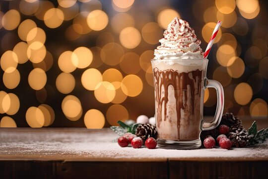 Peppermint mocha - mint mocha - a classic combination of chocolate, mint and coffee. Against a background of glare and blurry lights.