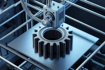 Tuinposter gros plan sur l'extrudeur d'une imprimante 3D à dépôt de fil ABS qui vient de terminer la fabrication d'une pièce mécanique, pignon de boite à vitesse © Sébastien Jouve