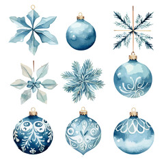 set of christmas balls and snowflakes Blue color watercolor vectors