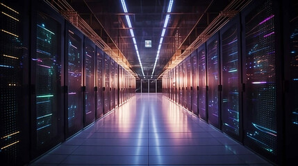 Fototapeta premium Large industrial computers, a long large room, and an allocation center. Beautiful background.