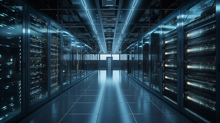 Obraz premium Large industrial computers, a long large room, and an allocation center. Beautiful background.