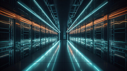 Fototapeta premium Large industrial computers, a long large room, and an allocation center. Beautiful background.