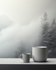 mugs with drinks and steam on grey background. mock up, blank cup for your design. space for your text, image and logo.