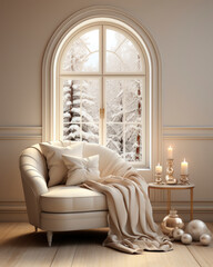 Modern interior with beige armchaire and big window. house design, luxury lifestyle, relax and holiday concept. Scandinavian style. winter vacation