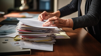 Businesswoman hands working in Stacks of paper files for searching information on work desk in office, business report papers.