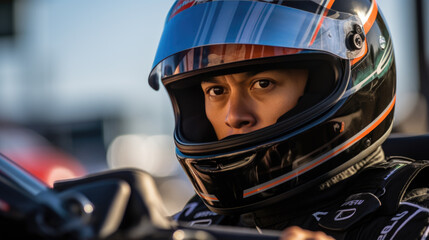 A close-up of a rider wearing a safety helmet.