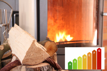 Energy label and fireplace with pellets