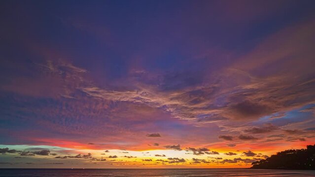 Time lapse amazing sky in sunset above the ocean at Karon beach Phuket..Imagine a fantasy bright yellow clouds changing in colorful sky..Gradient color. Sky texture, abstract nature background