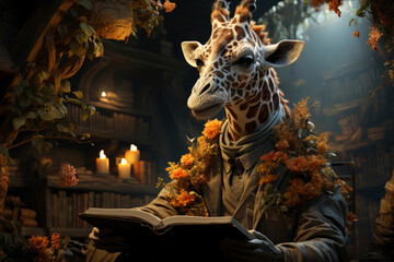 Humanised animals concept. funny character personage. humanized giraffe read book  in the library. fabulous style.