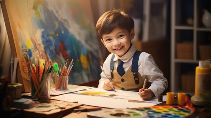 Boy paints a picture with paints on canvas