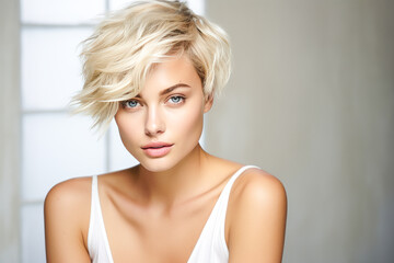 Confident platinum blonde woman in a white one-shoulder top. - obrazy, fototapety, plakaty