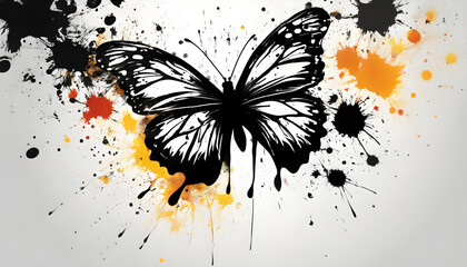 Black silhouette of a flying butterfly with spread wings with paint splashes. - obrazy, fototapety, plakaty