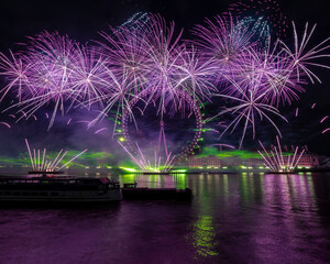 fireworks over the river In front of London Eye - obrazy, fototapety, plakaty