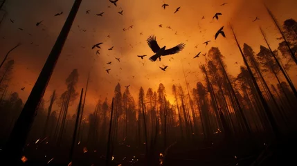 Foto auf Alu-Dibond Animals Running Escaping To Save Their Lives from the burning forest. climate change, droughts and forest fires concept © zayatssv