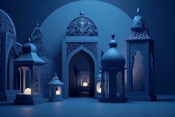 Background of Ramadan lanterns and Islamic arches in a 3D illustration. Generative AI